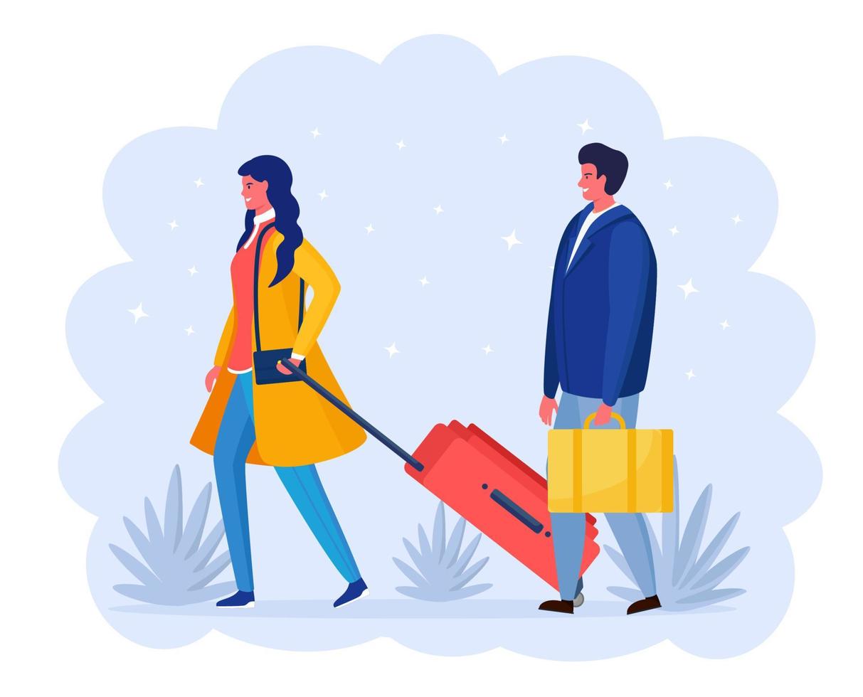 kvinna och man med resväska gå till de flygplats. turist med väska. människor reser på semester vektor