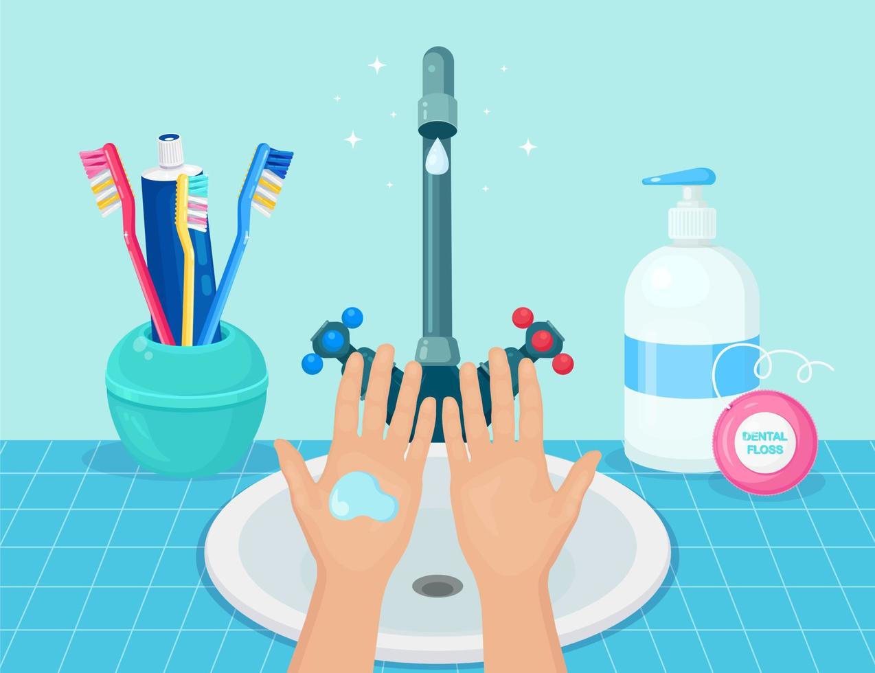 tvättning händer med tvål skum, skrubba, gel bubblor. vatten knacka, kran läcka i handfat. personlig hygien, dagligen rutin- begrepp. rena kropp. vektor tecknad serie design