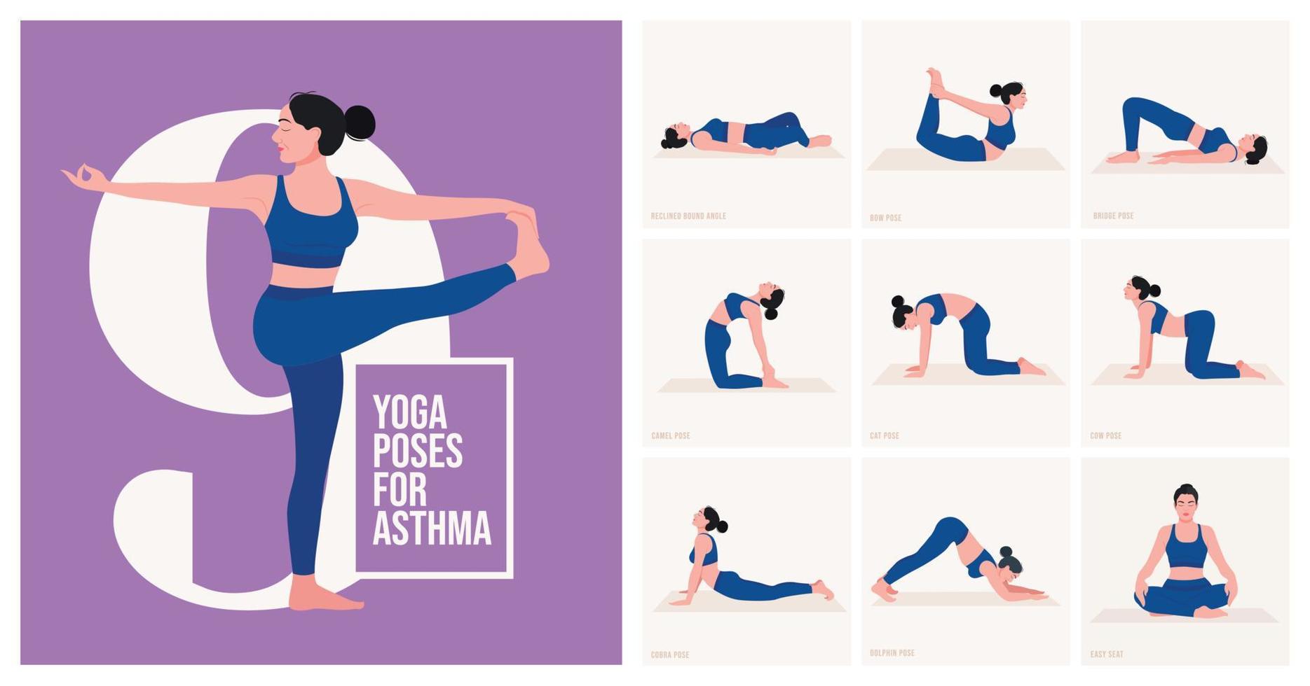 yoga poser för astma. ung kvinna praktiserande yoga utgör. kvinna träna kondition, aerob och övningar. vektor illustration.