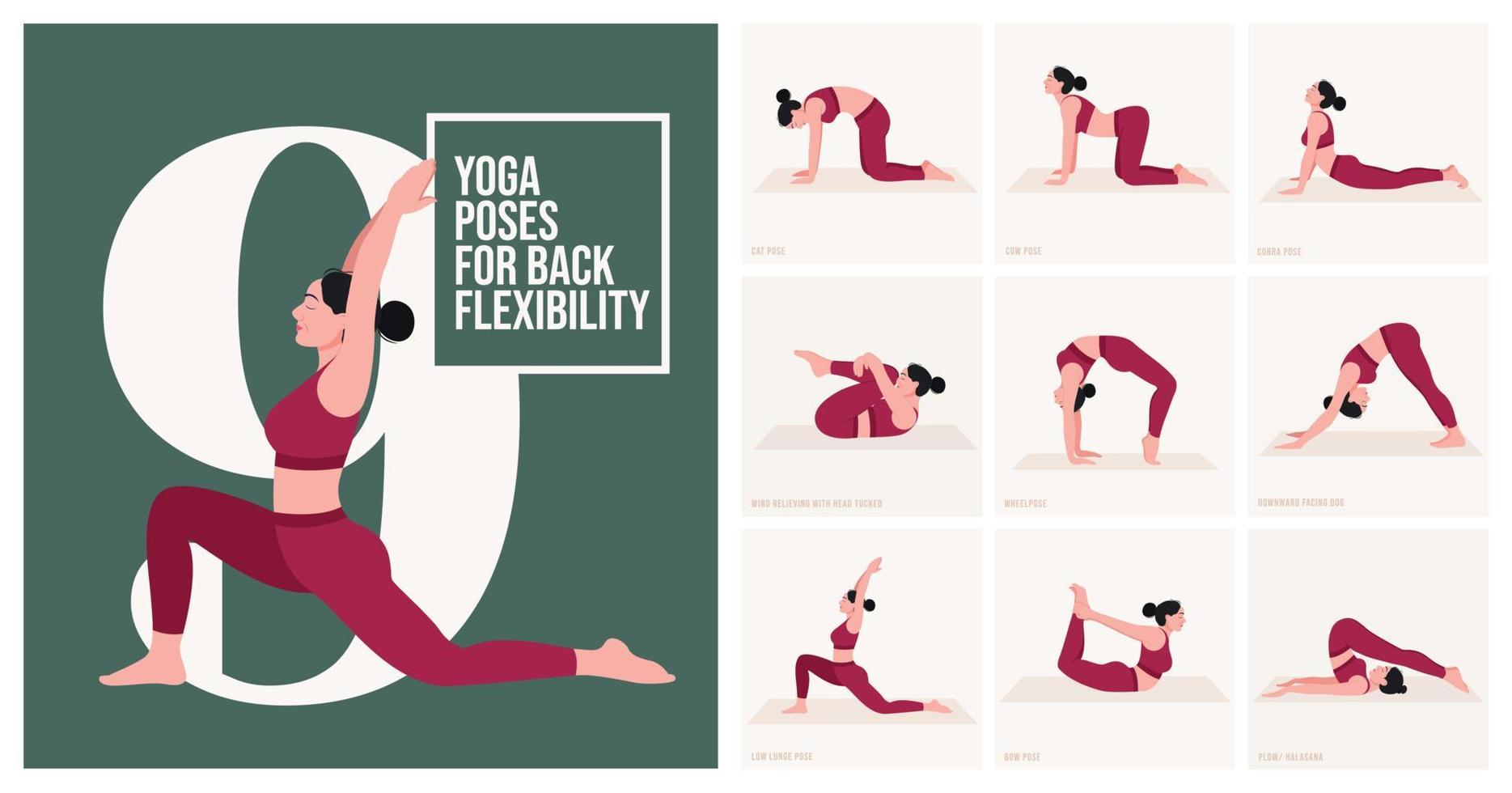 yoga poser för tillbaka flexibilitet. ung kvinna praktiserande yoga utgör. kvinna träna kondition, aerob och övningar. vektor illustration.