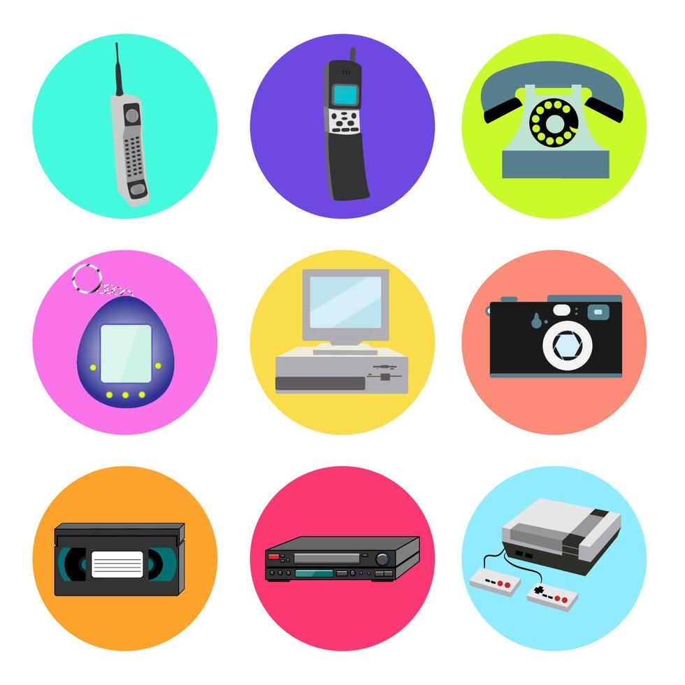 uppsättning av trendig retro gammal Häftigt hipster årgång runda ikoner från 70-talet, 80-tal, 90s objekt mobil cell telefon, elektronisk leksak, datorer, kamera, videoband, video brännare, spel trösta vektor