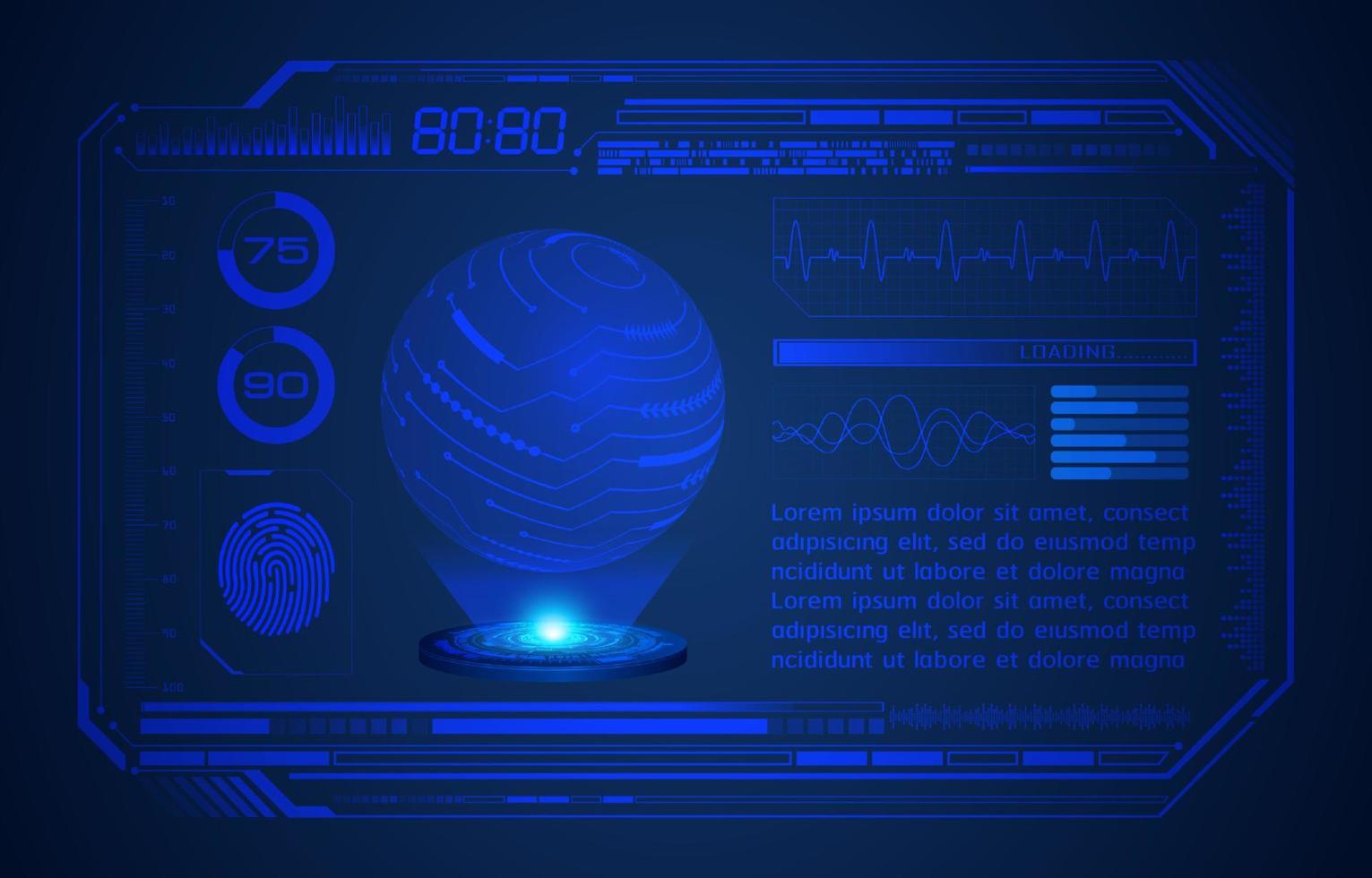 blå modern hud teknologi skärm bakgrund med holografiska klot vektor