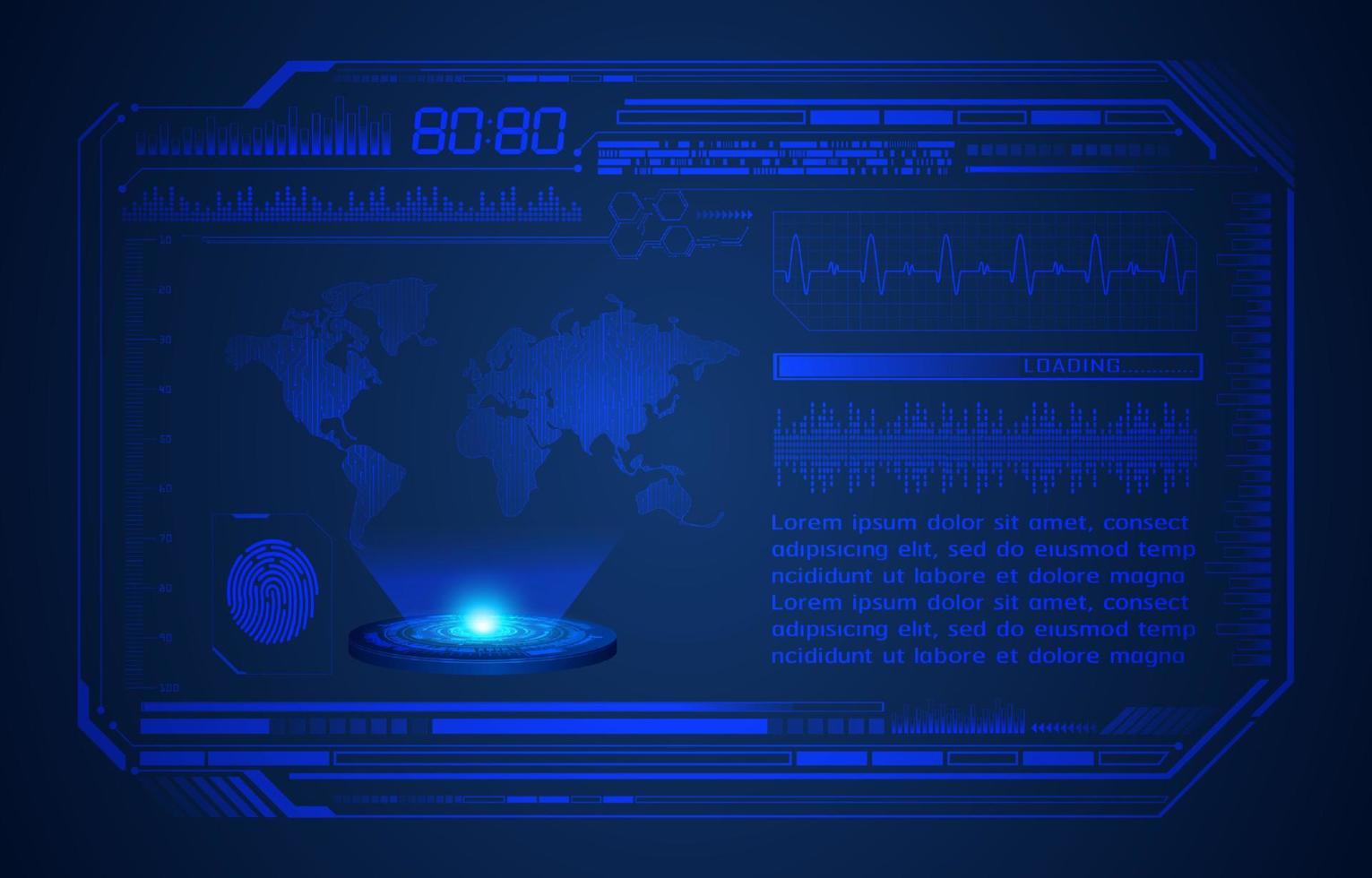 blå modern hud teknologi skärm bakgrund med holografiska klot vektor