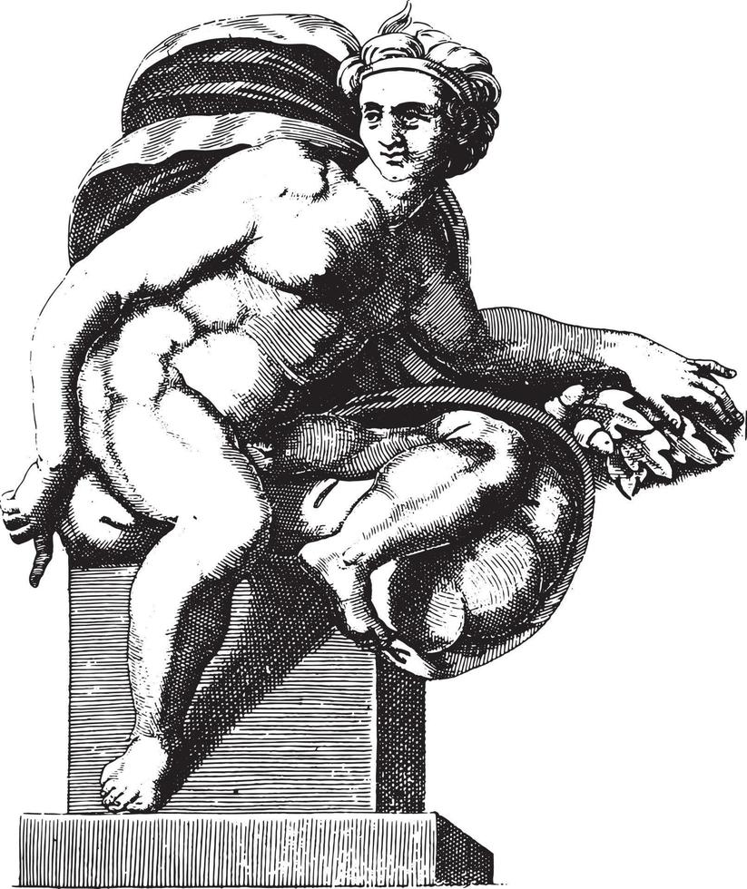 Sitzender Akt, Adamo Scultori, nach Michelangelo, 1585, Vintage-Illustration. vektor