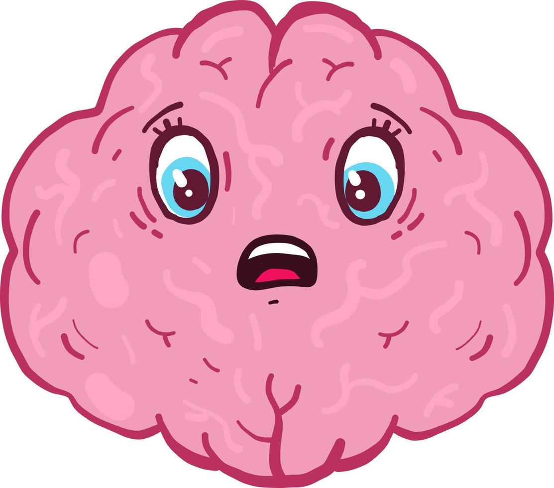 rädd rosa hjärna med blå ögon, illustration, vektor på vit bakgrund.