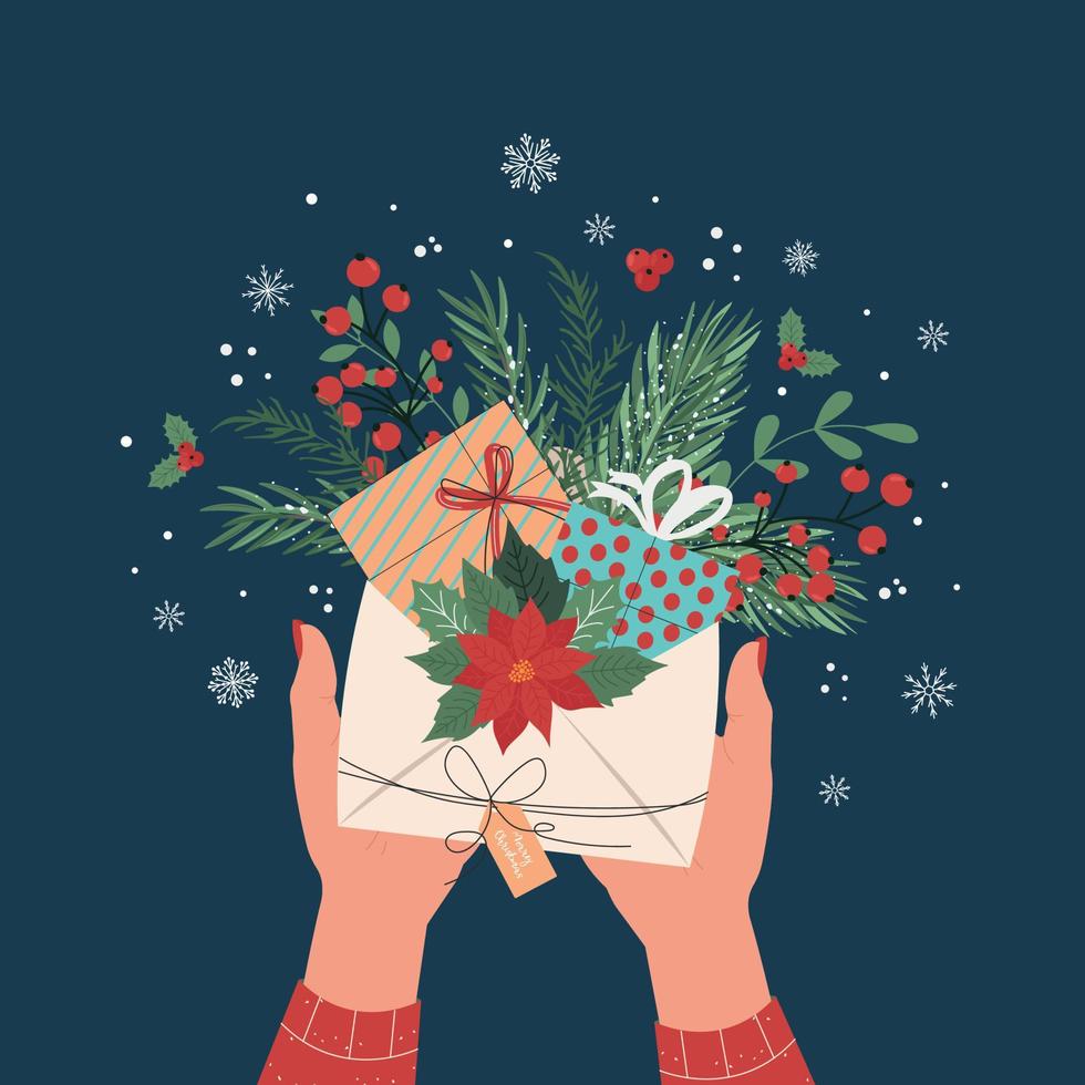 weihnachtskarte mit neujahrsillustration eines mädchens, das einen umschlag mit geschenken, weihnachtsbaumasten, weihnachtssternen, roten beeren hält. Vektor