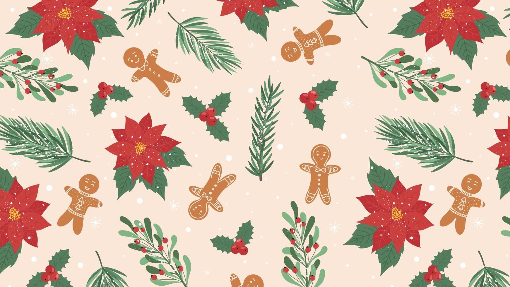 nahtlose Weihnachten horizontaler Hintergrund mit Ästen, Lebkuchenmann. vektor für druck, verpackung, geschenkpapier