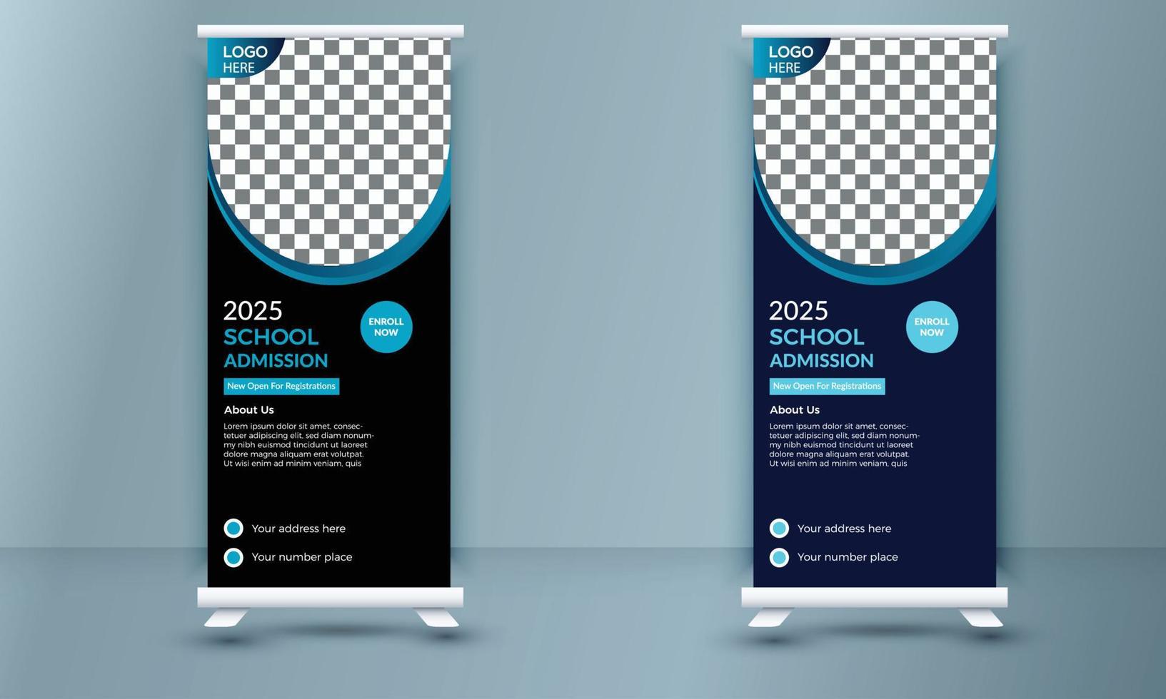 Moderne und kreative Schulzulassungs-Rollup-Banner-Vorlage, Schulzulassungs-Rollup-Banner-Design für Schule, Hochschule, Universität, Coaching-Center-Vektorvorlagen-Design vektor