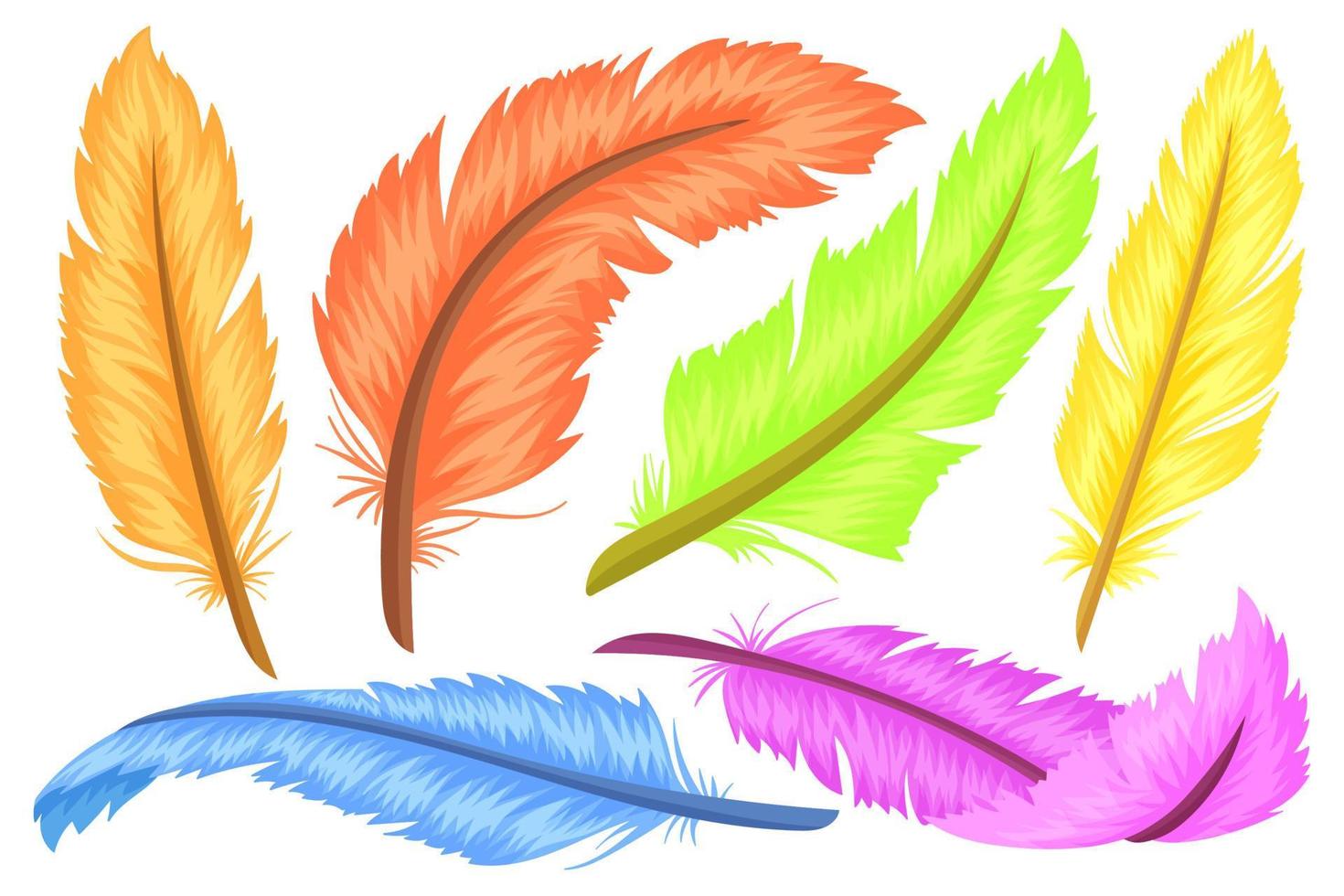 uppsättning av färgrik fjädrar, annorlunda former och färger. tecknad serie och platt stil. vektor illustration isolerat på vit bakgrund.