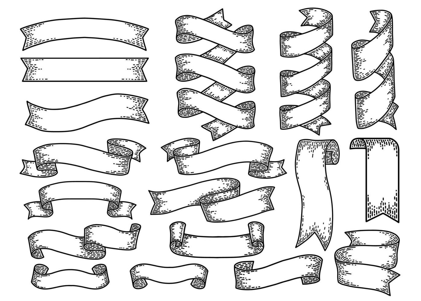 Reihe von Bändern isoliert auf weißem Hintergrund. alte Handzeichnung im Vintage-Stil graviert. gestaltungselement für banner, menü, poster, web. vektor