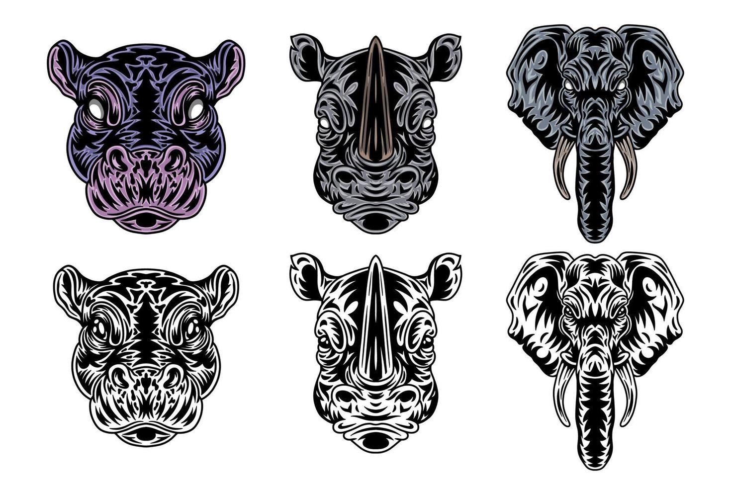 djur- ansikte flodhäst, noshörning, elefant årgång retro stylad. vektor illustration isolerat på vit bakgrund. design element.
