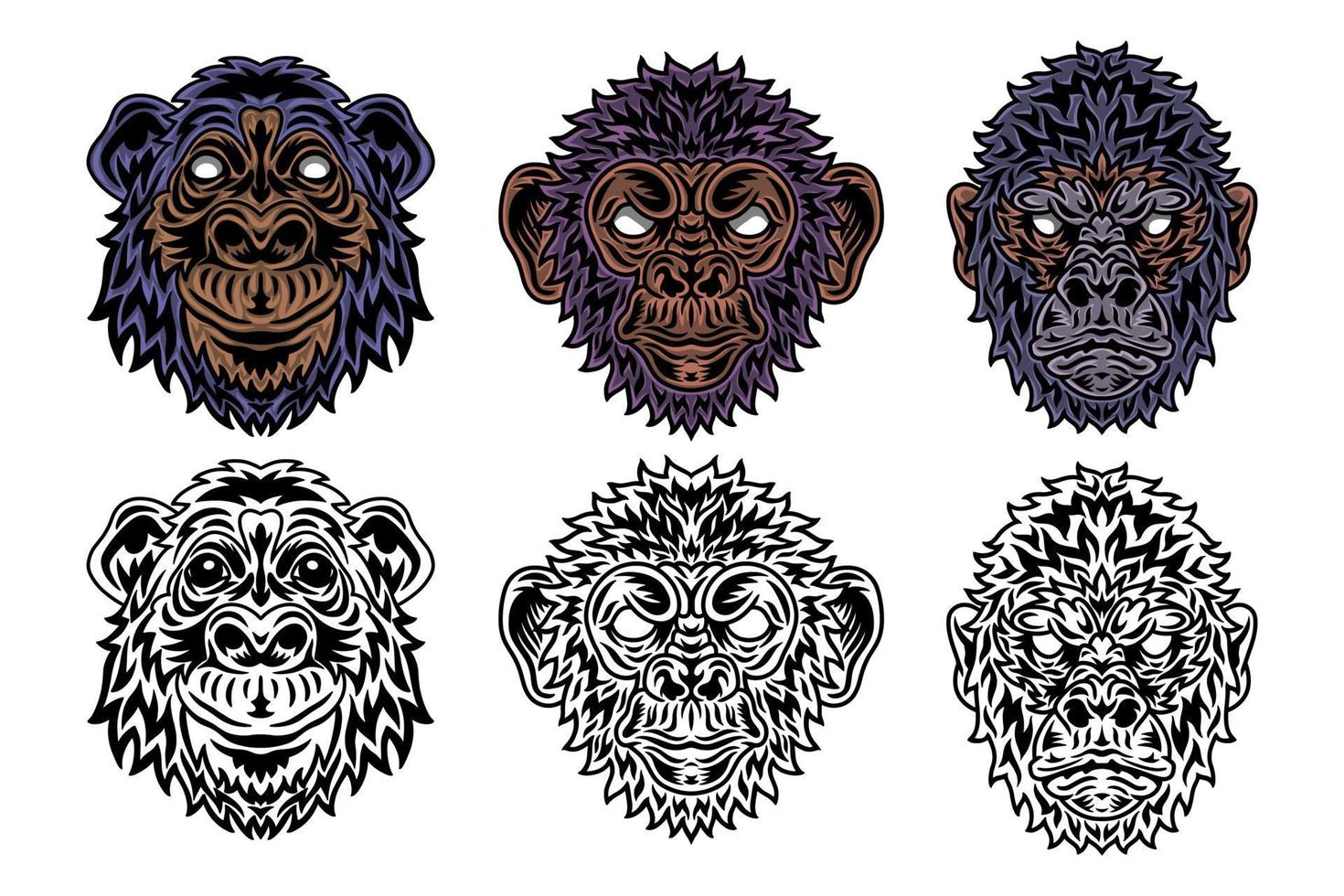 djur- ansikte primat, gorilla, schimpans, apa årgång retro stil. vektor illustration isolerat på vit bakgrund. design element.