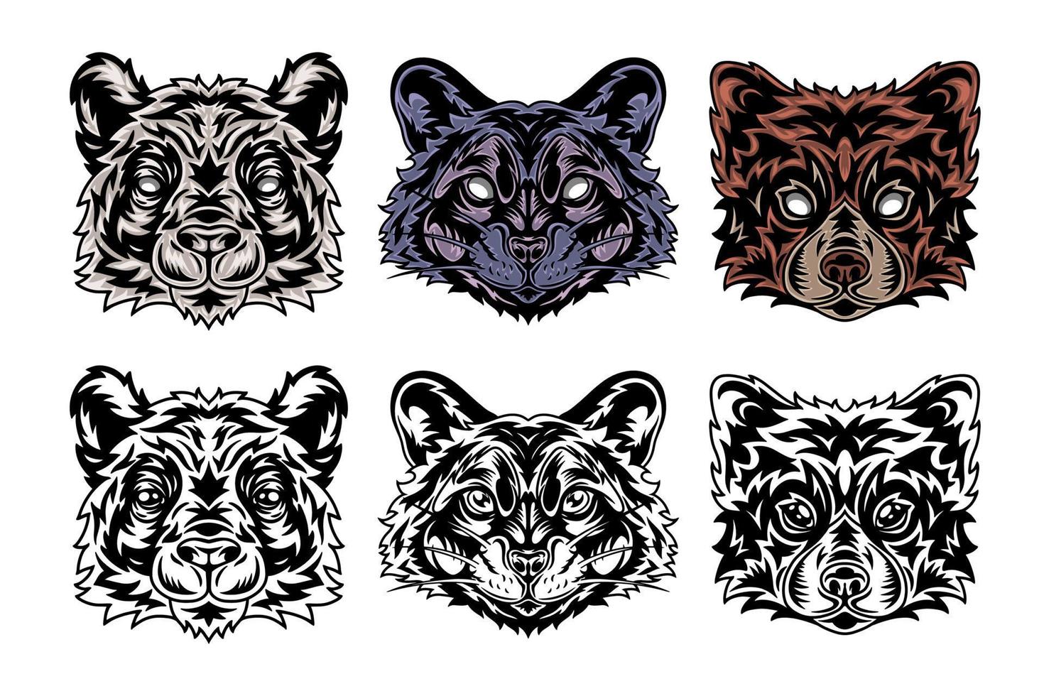 djur- ansikte panda, tvättbjörn, röd panda. årgång retro stil. vektor illustration isolerat på vit bakgrund. design element.
