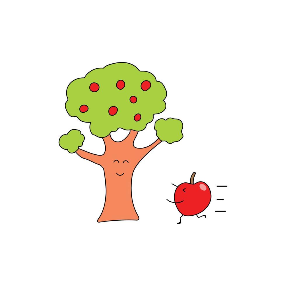 barn teckning stil söt ett äpple springa genom en träd en tecknad serie stil vektor