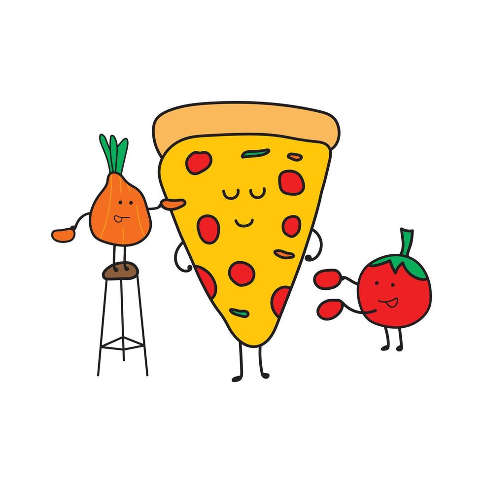 Illustration Vektorgrafik Kinder zeichnen Stil lustige süße Pizza mit Tomaten und Zwiebeln im Cartoon-Stil. vektor