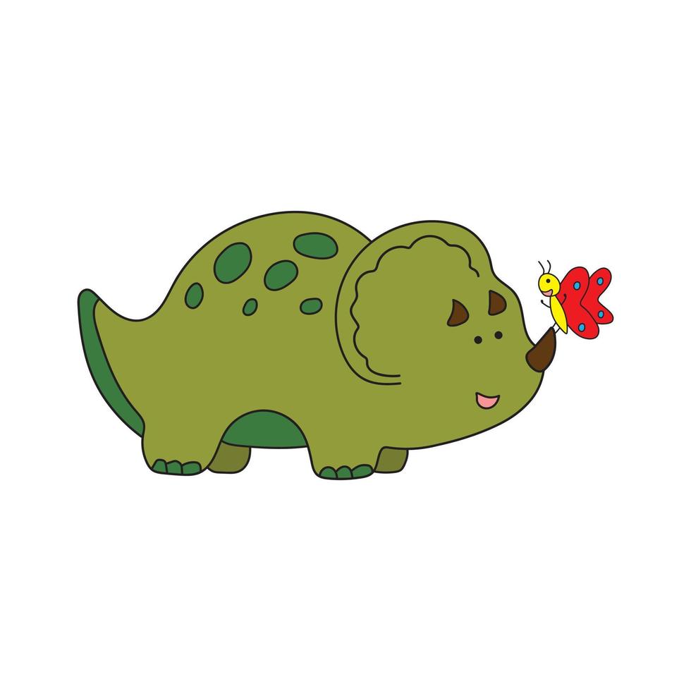 Illustration Vektorgrafik Kinder zeichnen Stil lustig niedlich grüner Triceratops Dinosaurier mit kleinem Schmetterling in einem Cartoon-Stil. vektor