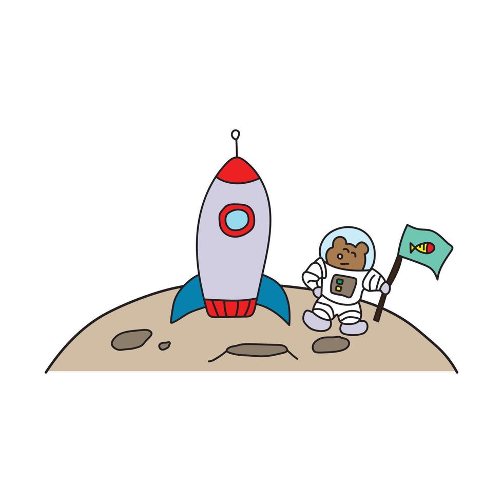 Illustration Vektorgrafik Kinder Zeichenstil lustiger süßer Astronautenbär mit Rakete auf dem Mond in einem Cartoon-Stil. vektor
