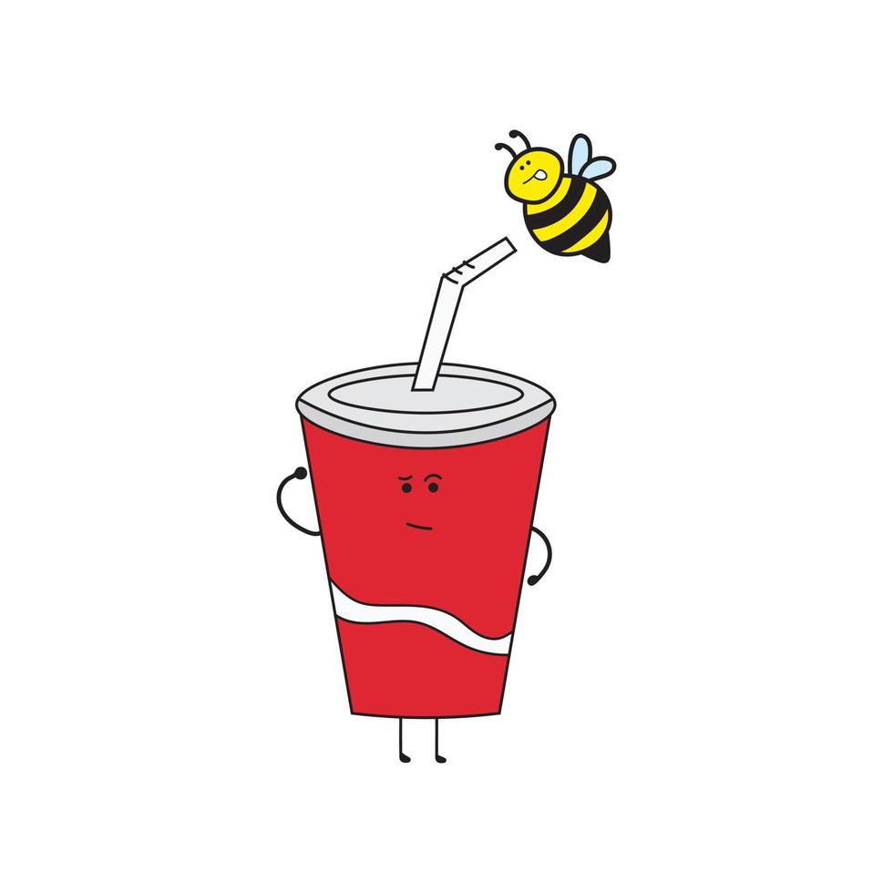 Illustration Vektorgrafik Kinder zeichnen Stil lustiges süßes rotes Bechergetränk mit kleiner Biene auf seinem Strohhalm in einem Cartoon-Stil. vektor