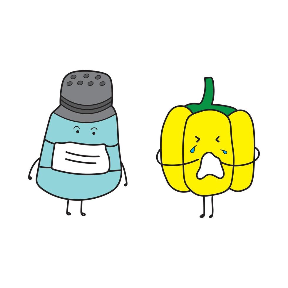 illustration vektor grafisk barn teckning stil rolig söt peppar flaska bär mask med gul peppar nysning i en tecknad serie stil.