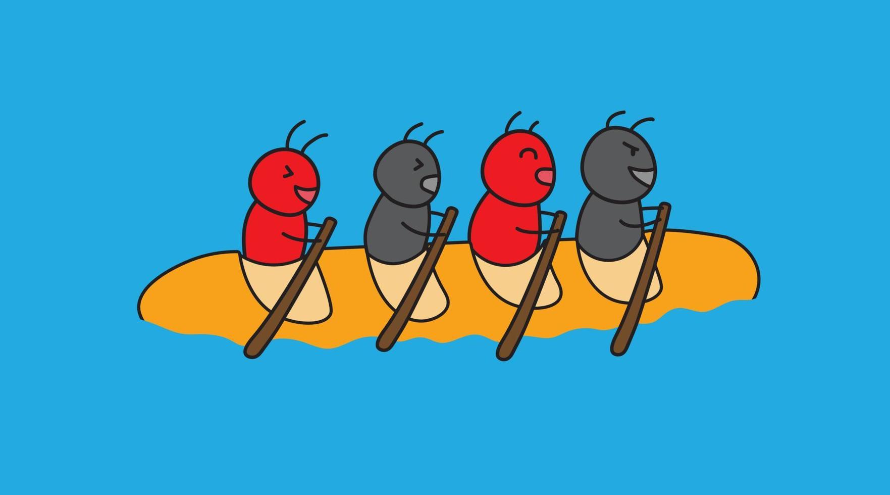 Illustration Vektorgrafik Kinder Zeichenstil lustige süße Ameisen fahren mit einem langen Brotkajakboot in einem Cartoon-Stil. vektor