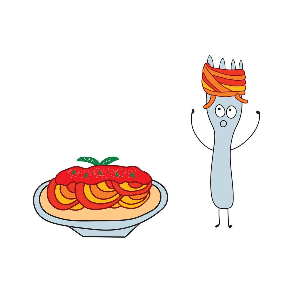 Illustration Vektorgrafik Kinder zeichnen Stil lustige Spaghetti mit Gabel im Cartoon-Stil. vektor