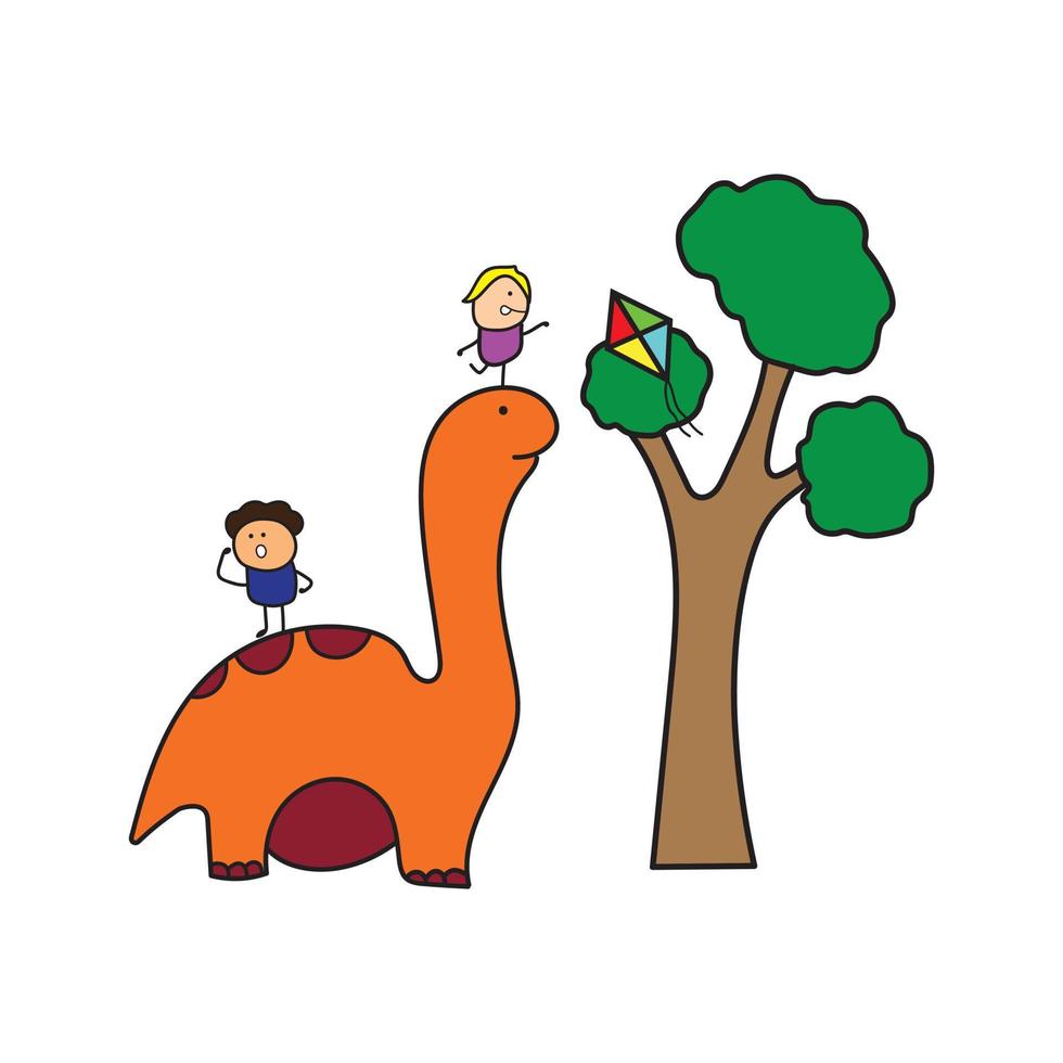 Illustration Vektorgrafik Kinder zeichnen Stil lustiger Dinosaurier mit Kindern, die Drachen in einem Cartoon-Stil nehmen. vektor