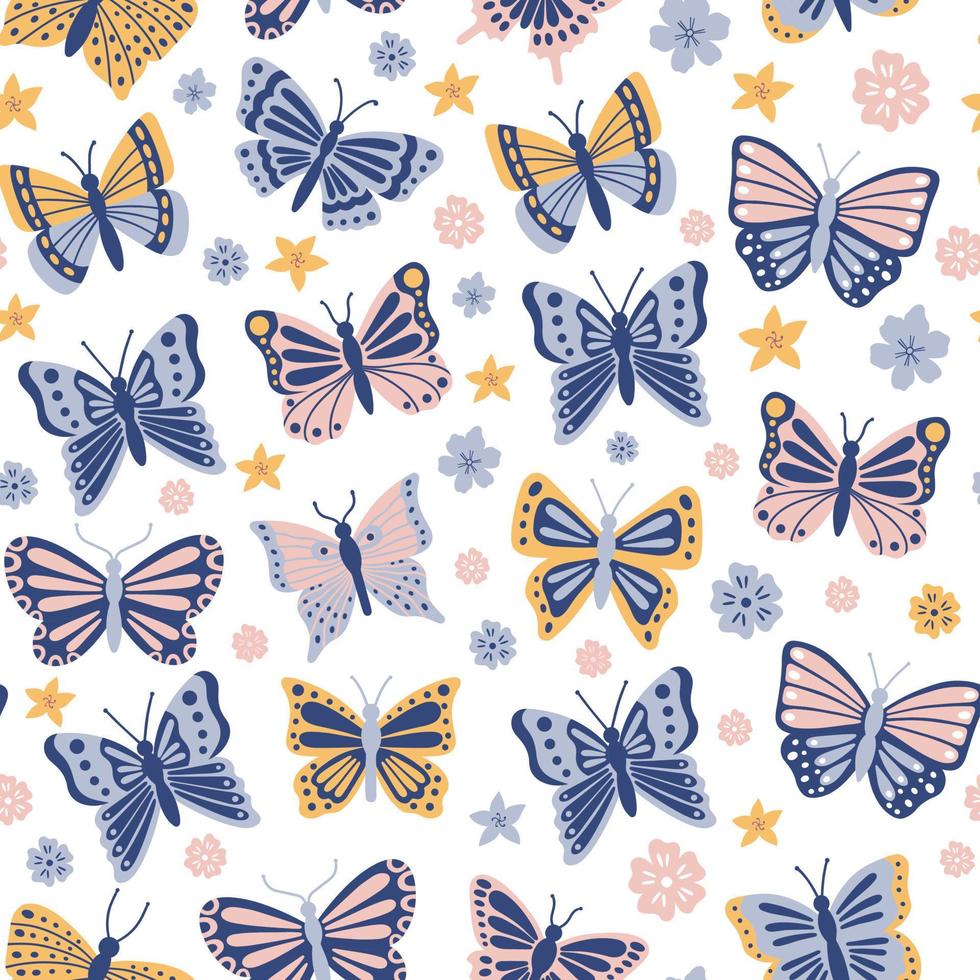 sömlös mönster av fjärilar och blommor klotter. flygande insekter i skiss stil. hand dragen vektor illustration