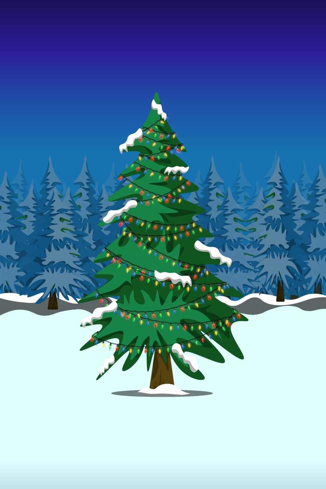 jul treein vinter- skog på natt. xmas hälsning kort. färgrik vektor illustration.
