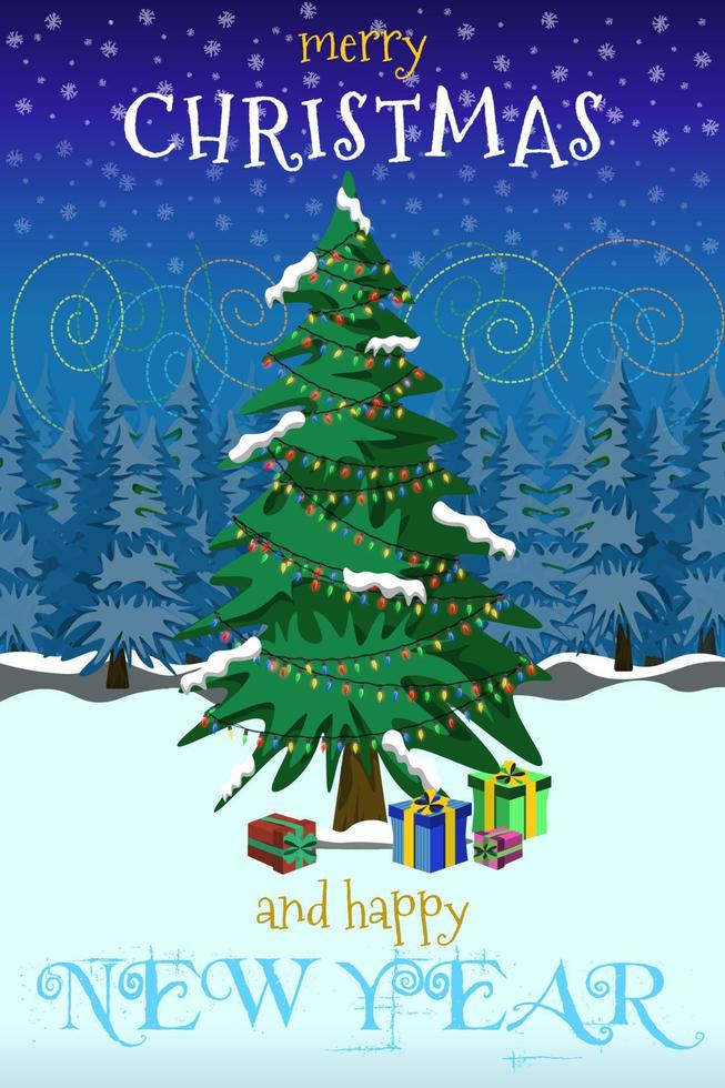 jul hälsning kort. xmas träd med gifs. vinter- skog på natt. färgrik vektor illustration.