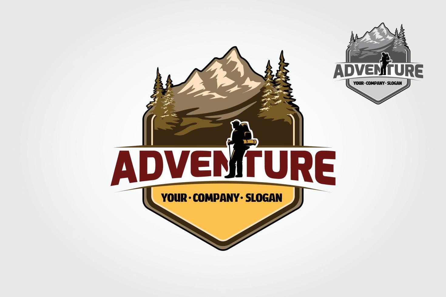 äventyr vektor logotyp mall. detta camping i de berg logotyp mall den kommer vara perfekt som huvud identitet element för resa byråer, webbplatser handla om bergen och vandring, vild liv och turism.