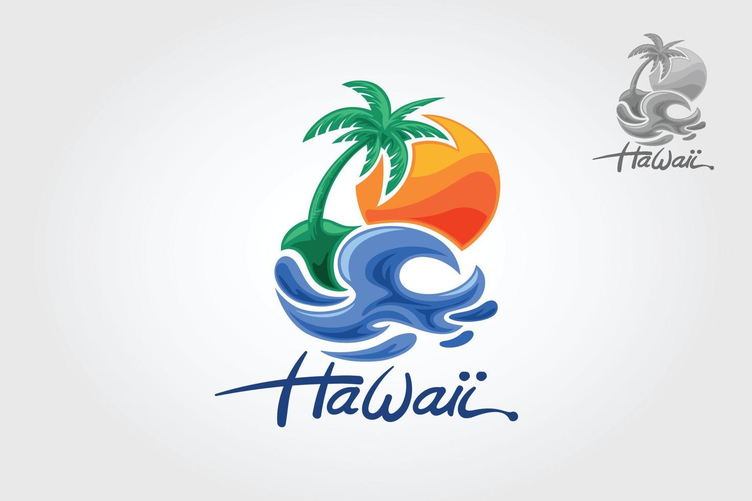 hawaii vektor logotyp illustration. vatten havsvågor med sol, palm och strand, för restaurang och hotell.