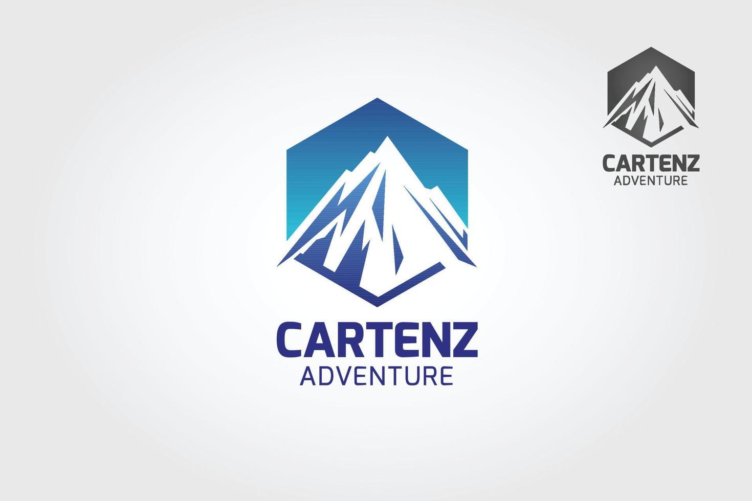Cartenz-Abenteuer-Vektor-Logo-Vorlage. Das Hauptsymbol des Logos ist der Berg, dieses Logo symbolisiert Natur, Kälte, Sauberkeit, Frieden und Ruhe, dieses Logo sieht auch modern, sportlich, einfach und jung aus. vektor
