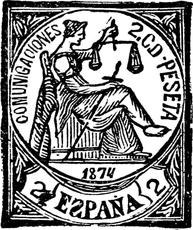 Spanien 2 c de peseta stämpel, 1874, årgång illustration vektor