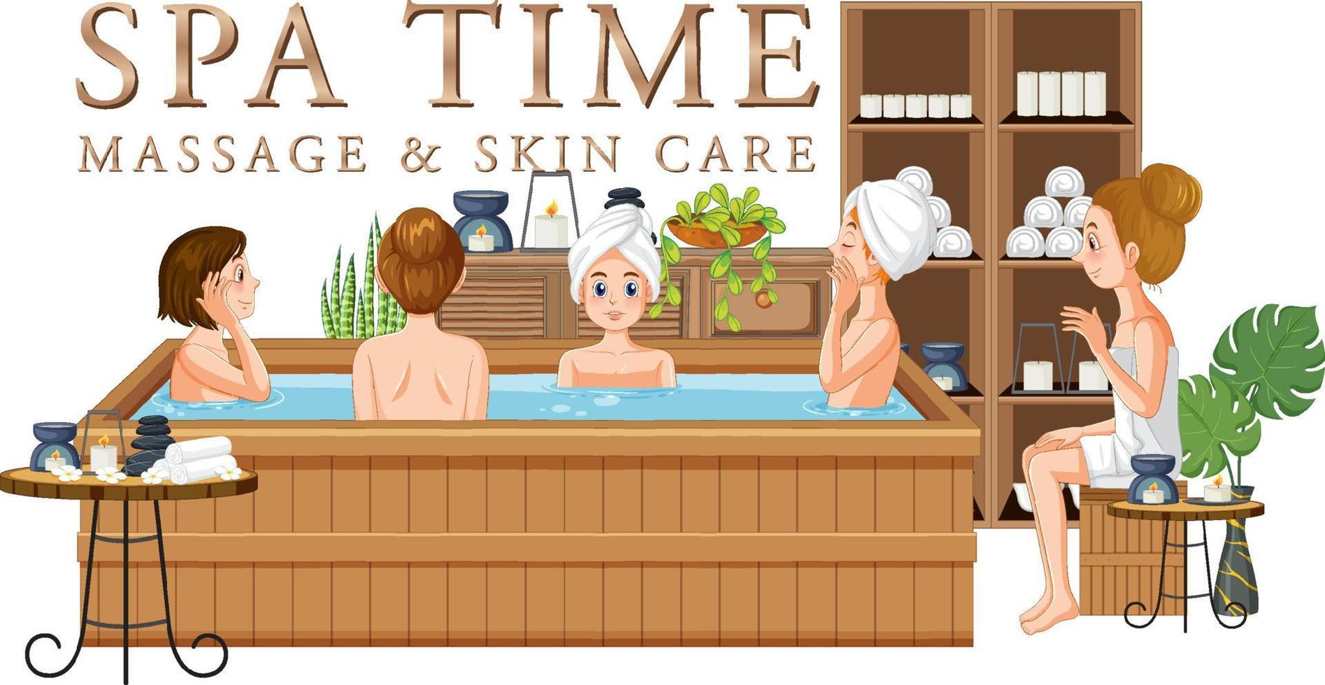 spa-zeit-text mit frauen in der badewanne vektor