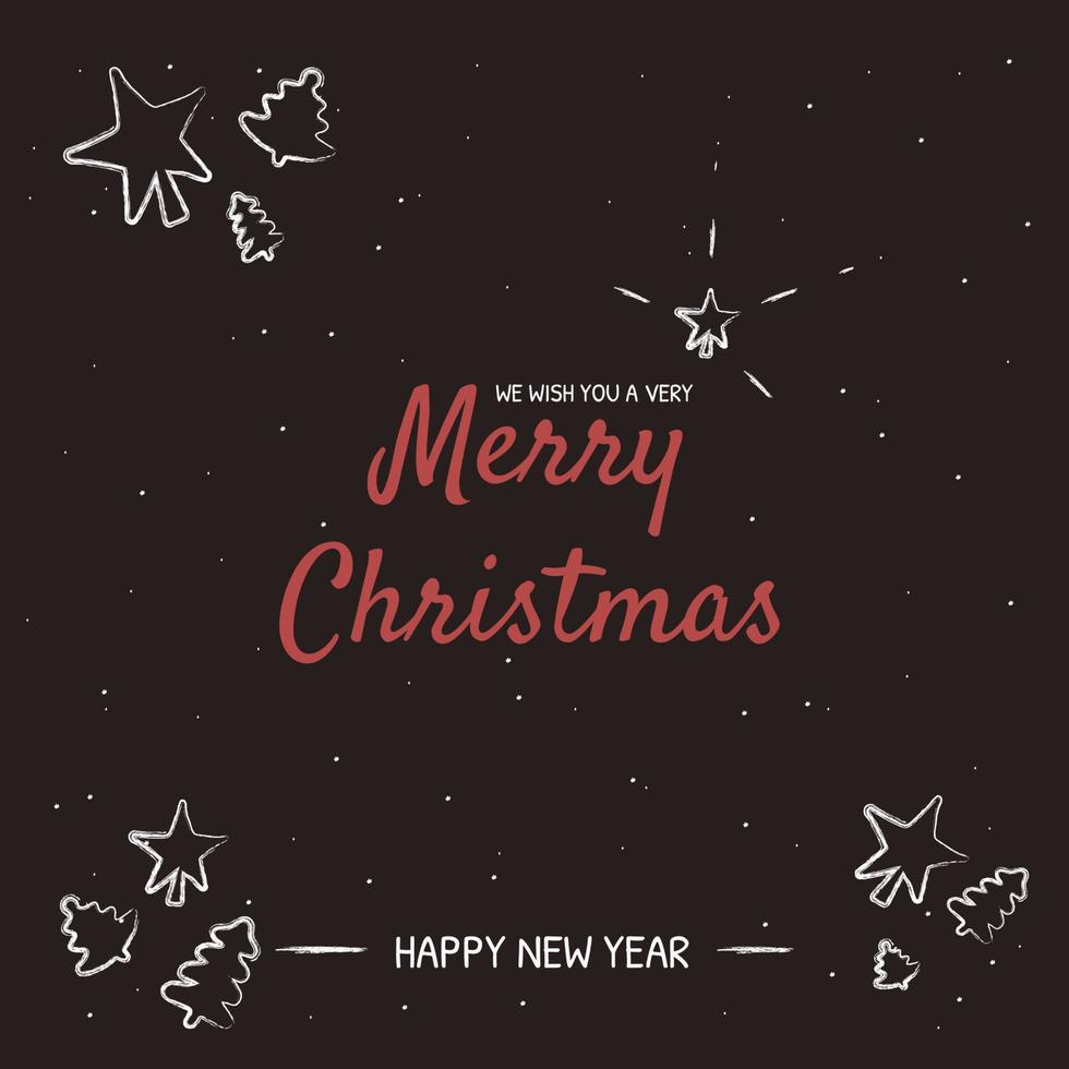 Weihnachtsgrußkarte im Doodle-Stil. Handzeichnungstext, Sterne, Bäume auf schwarzem Hintergrund vektor