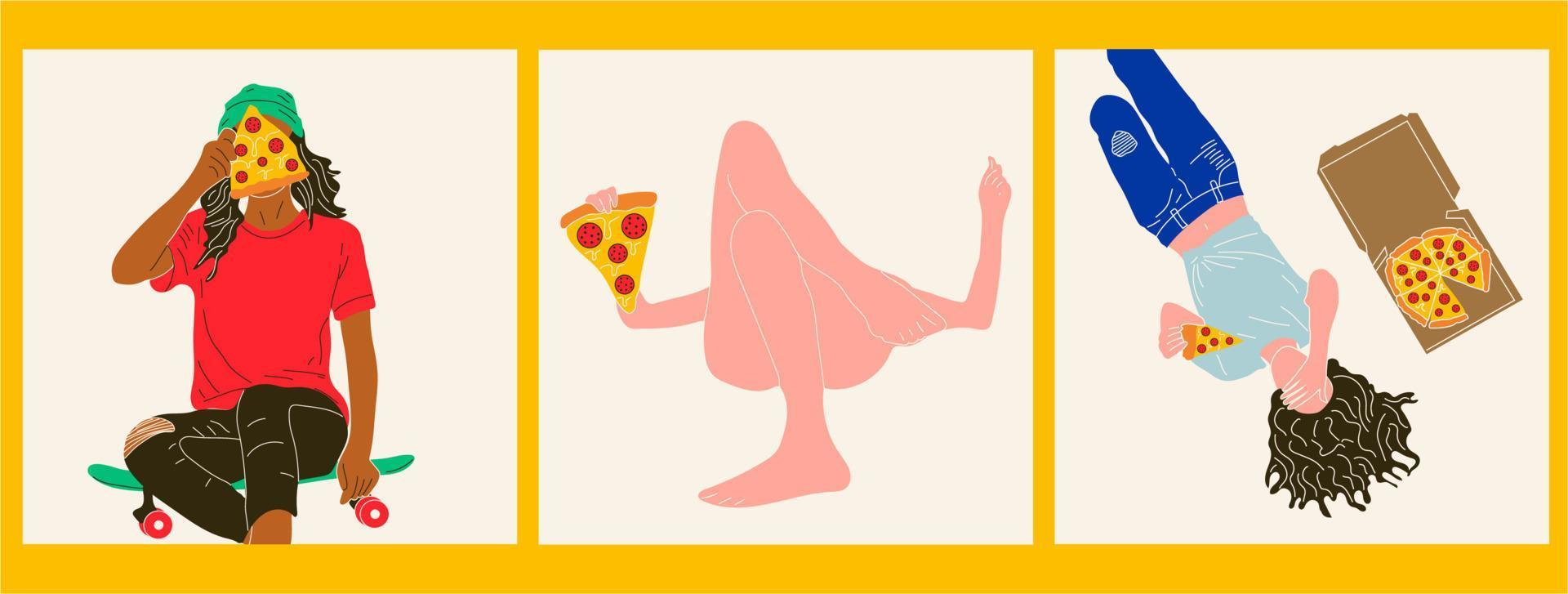 uppsättning av tre ung Lycklig kvinna tecknad serie karaktär äter pizza vektor i tecknad serie stil. Allt element är isolerat