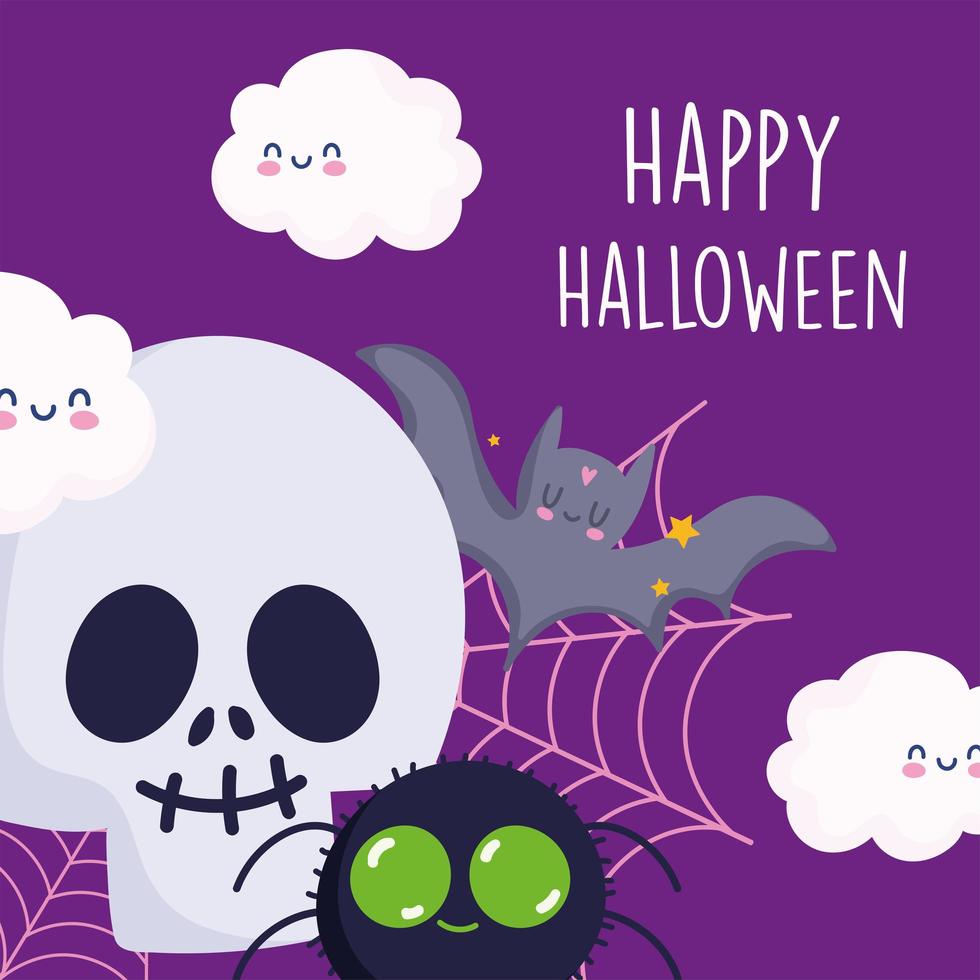 Happy Halloween, Schädel, Spinne, Fledermaus, Wolken und Spinnennetz vektor