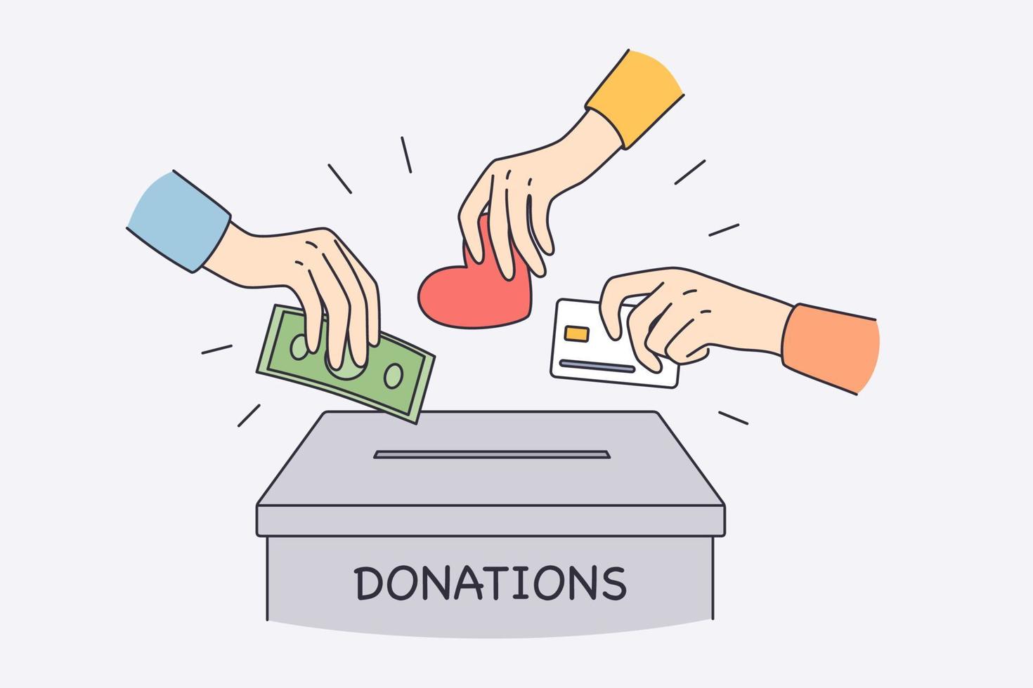 Spendenbox und Wohltätigkeitskonzept. menschliche hände, die geld, bargeld, liebe und herz in die spendenbox stecken, helfen dabei, wohltätigkeitsvektorillustration zu tun vektor