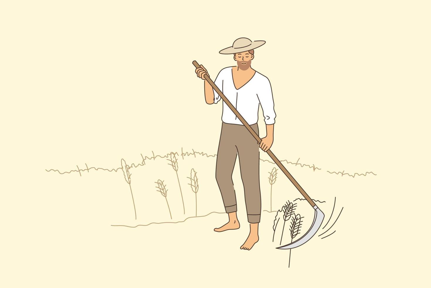 jordbruk och lantlig lantbruk begrepp. ung leende man jordbrukare i hatt barfota stående klippning råg i augusti skörd vektor illustration