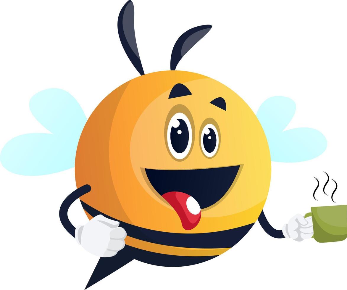Biene hält eine Tasse, Biene hält eine Tasse Kaffee, hält eine Tasse Tee, Illustration, Vektor auf weißem Hintergrund.