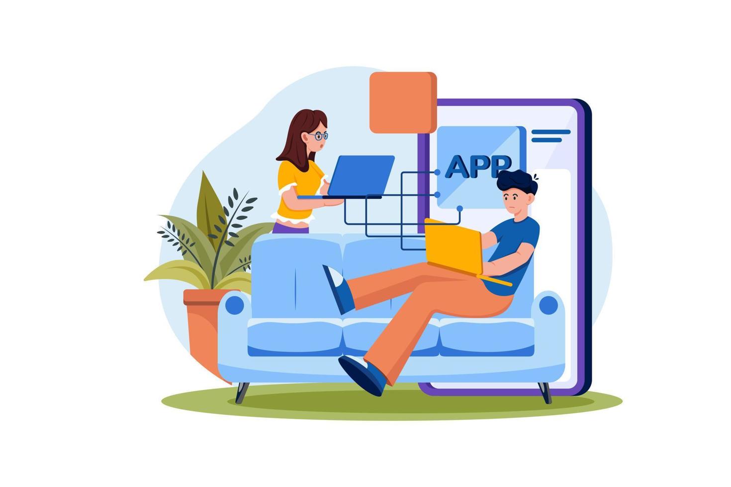 produkt team programmering mobil app med bärbar dator vektor