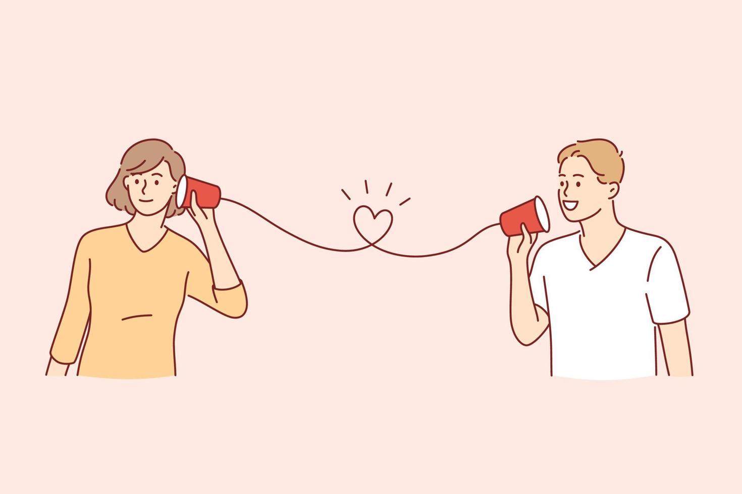 Lycklig valentines dag Semester begrepp. Lycklig leende ung söt par kallelse kort på papper telefon lyssnande och talande kommunicerar vektor illustration