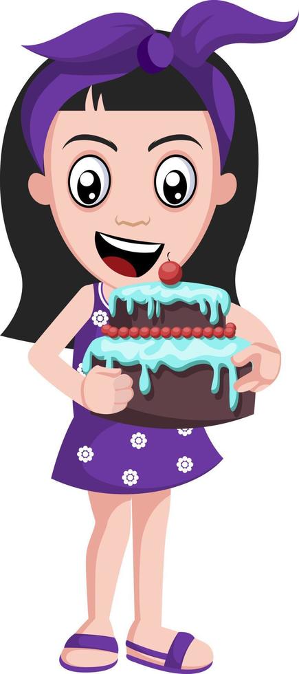 flicka innehav födelsedag kaka, illustration, vektor på vit bakgrund.