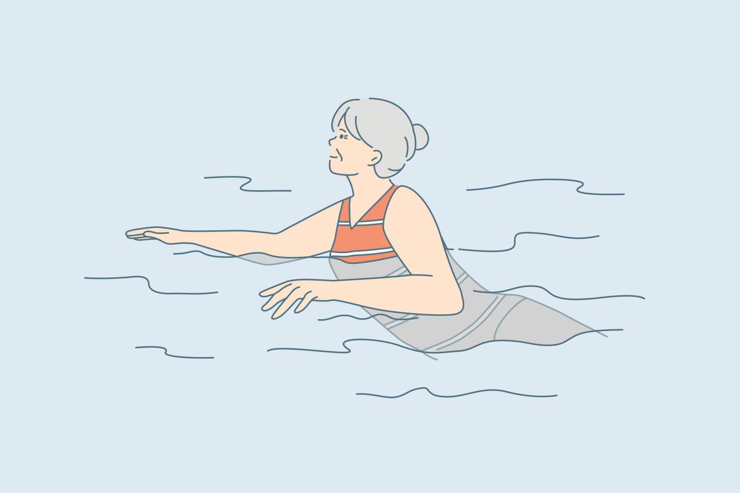 äldre människor aktiva livsstil begrepp. gammal mogna positiv kvinna tecknad serie karaktär simning i vatten känsla bra vektor illustration