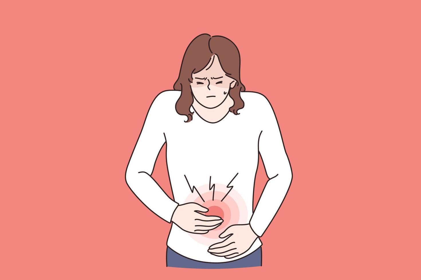 diarre eller förstoppning, problem med hälsa begrepp. ung ledsen kvinna stående känsla smärta i mage rörande den med händer har buk sjukdom och sjukdom vektor illustration