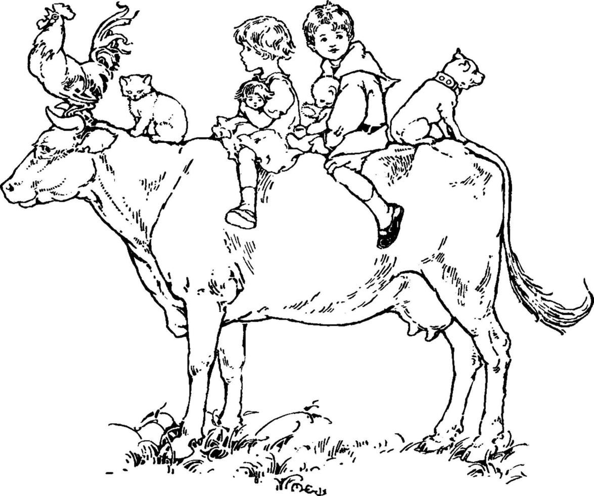 Kinder, die eine Kuh reiten, Vintage Illustration vektor