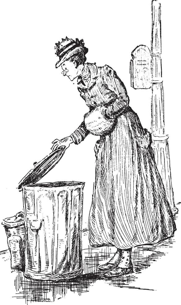 kvinna med soptunna, årgång illustration vektor