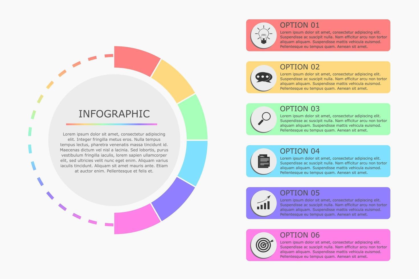 Vektorillustration der Infografik-Vorlage für das Präsentationsgeschäft mit bunten Optionen des Kreises 6. vektor