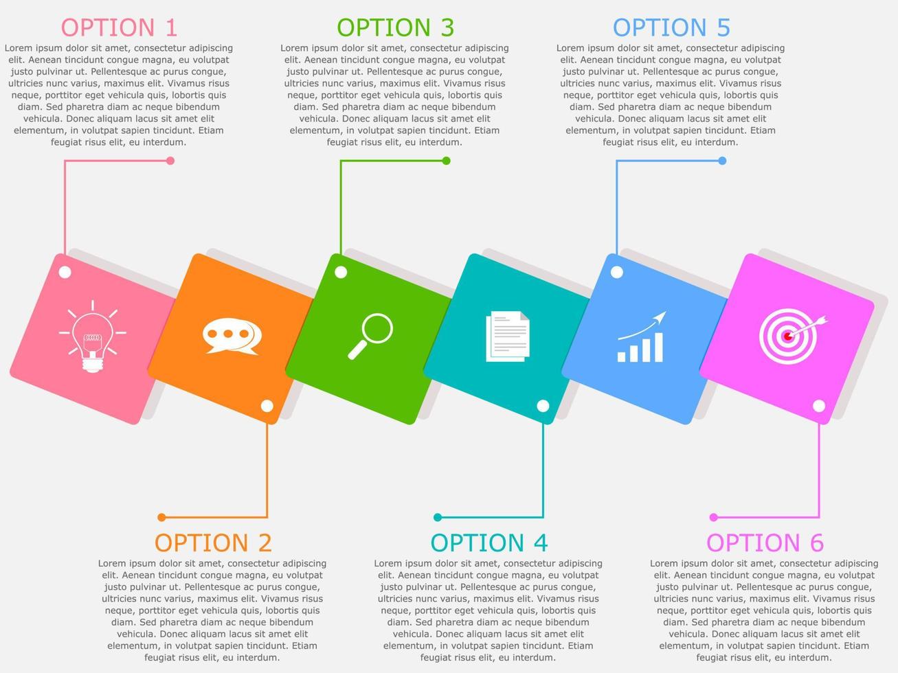 vektorillustration der infografik-vorlage für präsentationsgeschäfte mit bunten quadratischen 6 optionen. vektor