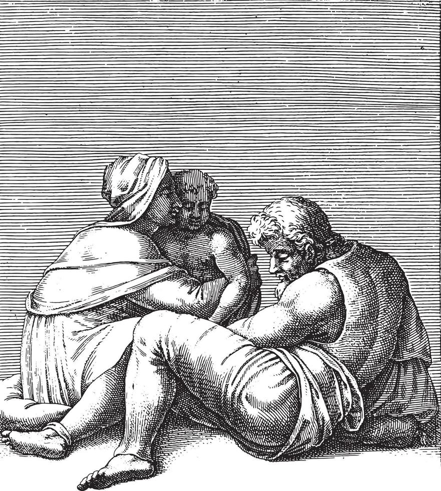 man Sammanträde på de jord med kvinna och barn, Adamo scultori, efter michelangelo, 1585, årgång illustration. vektor